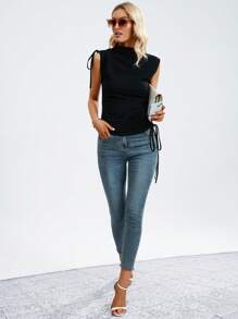 SHEIN Privé Cổ giả Bên dây rút Áo không tay - màu đen - Xem 5