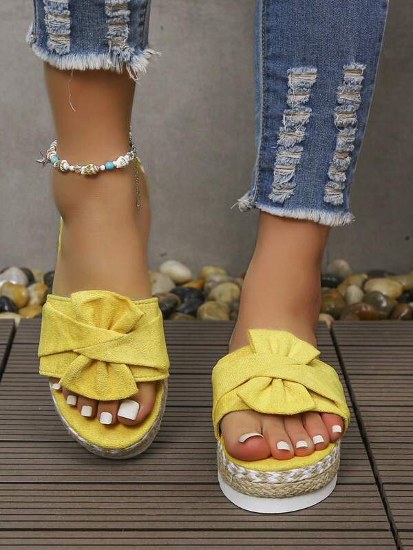 Women Bow Decor Espadrille Sole Wedge Sandals, Vacation Summer Fabric