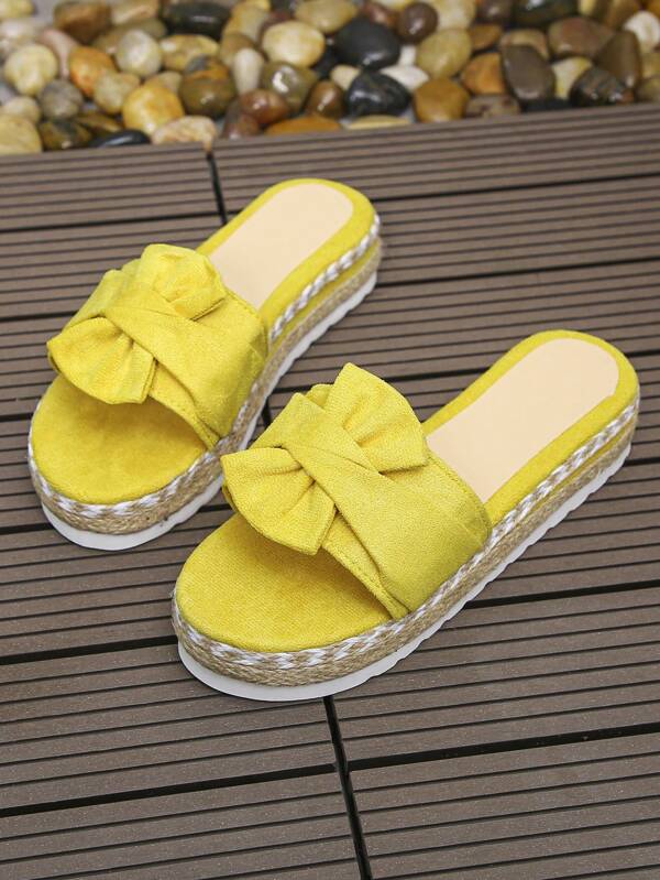 Women Bow Decor Espadrille Sole Wedge Sandals, Vacation Summer Fabric