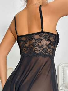 Camisón sexy de noche con contraste de encaje y malla - Negro - Ver 2