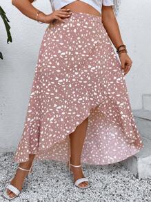 SHEIN Holidaya Plus Dalmatian Print Ruffle Hem Skirt - Pink - View 1
