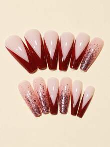 24入組金屬亮絲假指甲和1張膠帶和1件指甲銼 - 紅木色 - 查看 2