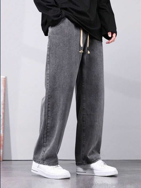 男式抽绳腰口袋宽松直筒牛仔裤