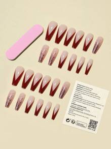 24入組金屬亮絲假指甲和1張膠帶和1件指甲銼 - 紅木色 - 查看 4