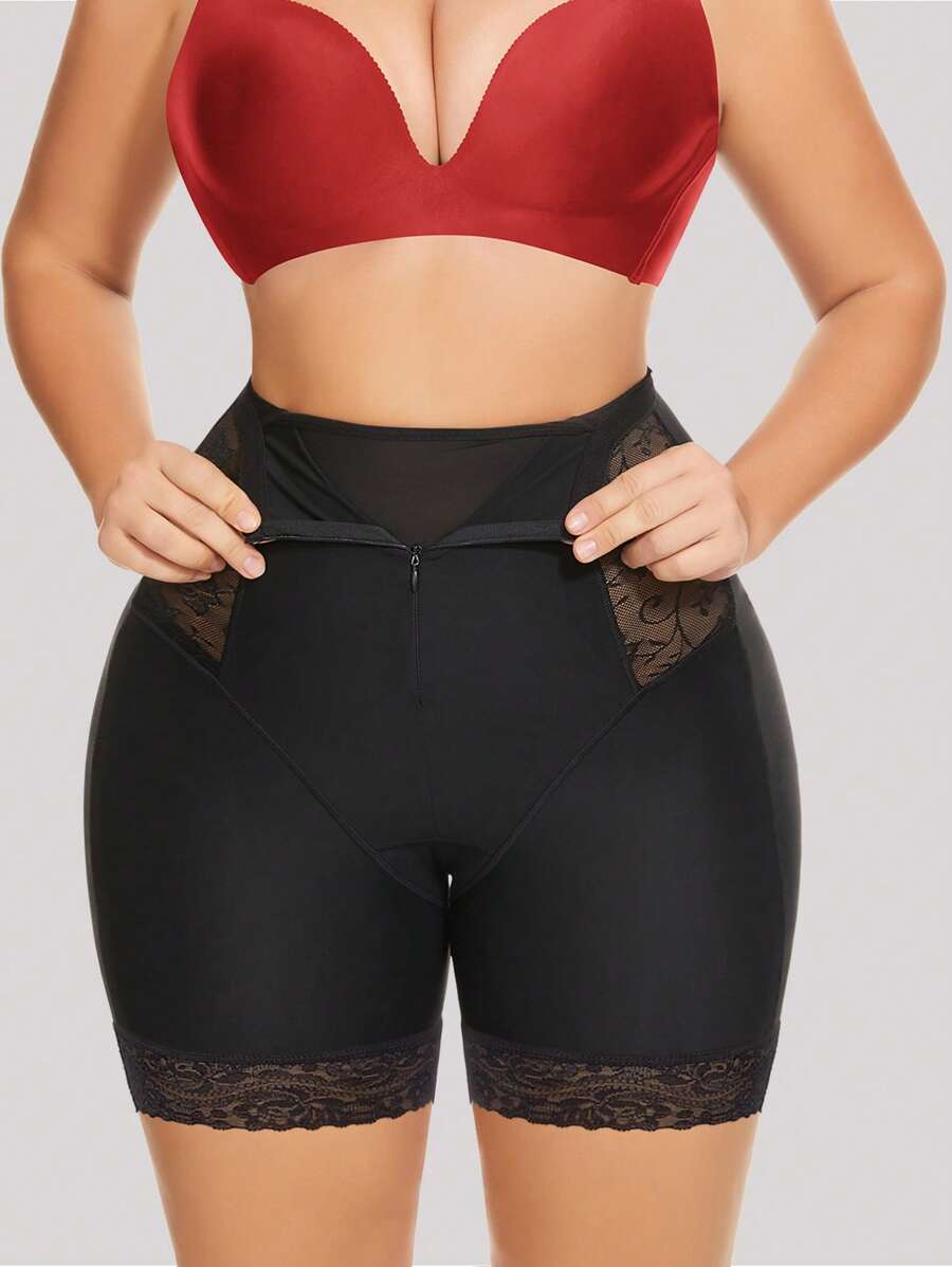 Pantaloni scurți de modelat cu fermoar din dantelă în față