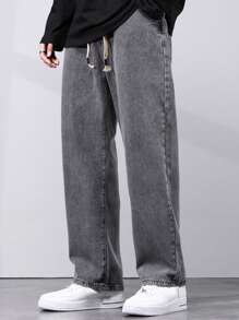 男式抽绳腰口袋宽松直筒牛仔裤 - 灰色 - 查看 6