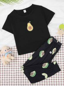 Conjunto de pijama para niñas preadolescentes, ropa de dormir linda con estampado de aguacate, parte superior de manga corta con cuello redondo y pantalones largos, para todas las estaciones - Negro - Ver 1