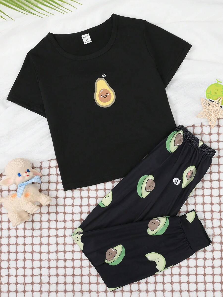 Conjunto de pijama para niñas preadolescentes, ropa de dormir linda con estampado de aguacate, parte superior de manga corta con cuello redondo y pantalones largos, para todas las estaciones - Negro - Ver 1
