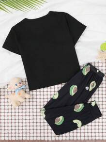 Conjunto de pijama para niñas preadolescentes, ropa de dormir linda con estampado de aguacate, parte superior de manga corta con cuello redondo y pantalones largos, para todas las estaciones - Negro - Ver 2