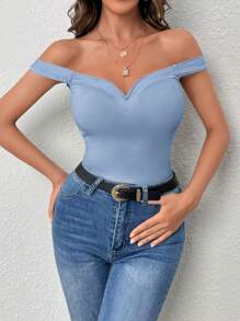 SHEIN Privé Off Shoulder Ribbed Knit Top - Baby Blue - View 5