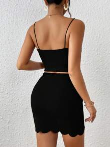 SHEIN Privé Scallop Trim Cami Top & Bodycon Skirt - Black - View 2