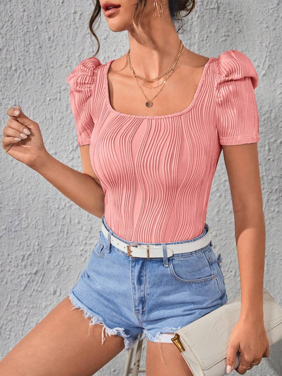 SHEIN Privé 素色泡泡袖T恤 - 粉色 - 查看 1