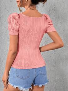 SHEIN Privé 素色泡泡袖T恤 - 粉色 - 查看 2