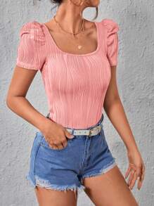 SHEIN Privé 素色泡泡袖T恤 - 粉色 - 查看 3