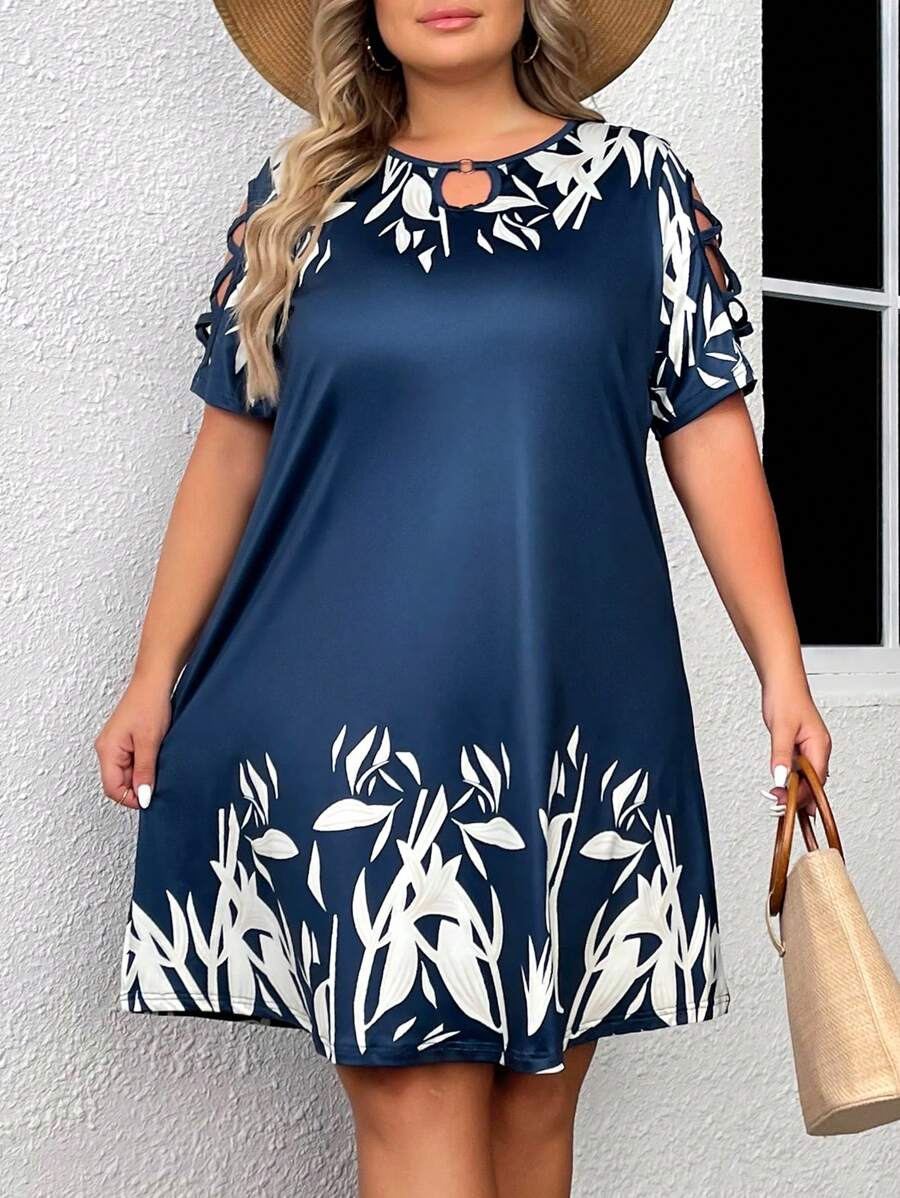 SHEIN LUNE Plus Size Plants Print Keyhole Neckline Tee Dress - Navy Blue - View 1