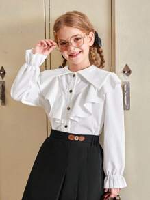 SHEIN Tween Girl Ruffle Trim Flounce Sleeve Shirt & Plicated Skirt - Multicolor - View 1