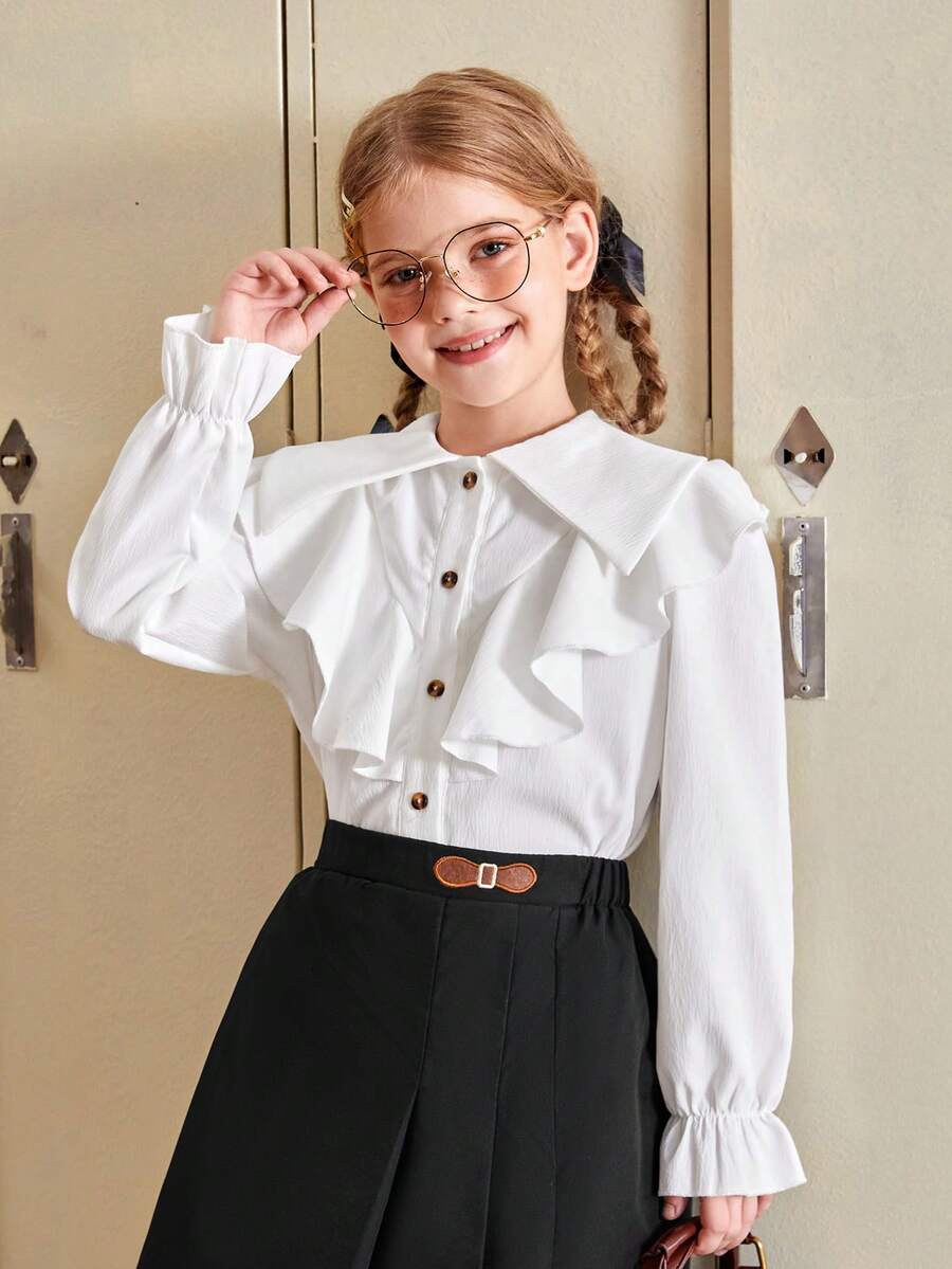 SHEIN Tween Girl Ruffle Trim Flounce Sleeve Shirt & Plicated Skirt - Multicolor - View 1