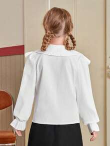 SHEIN Tween Girl Ruffle Trim Flounce Sleeve Shirt & Plicated Skirt - Multicolor - View 2