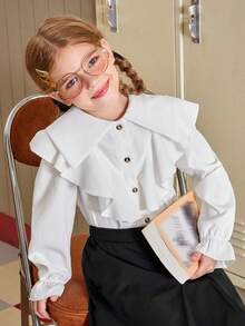 SHEIN Tween Girl Ruffle Trim Flounce Sleeve Shirt & Plicated Skirt - Multicolor - View 4