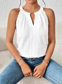 SHEIN Essnce Keyhole Neckline Sleeveless Blouse - White - View 3
