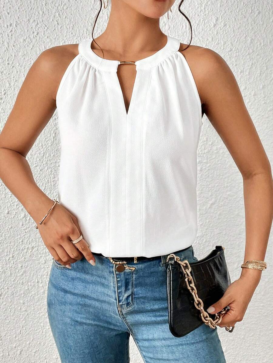 SHEIN Essnce Keyhole Neckline Sleeveless Blouse - White - View 1