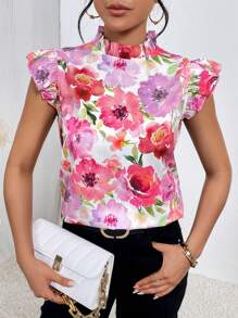 SHEIN Privé Áo sơ mi nữ Nút viền lá sen Xù Hoa Tất cả trên in Boho - Nhiều màu - Xem 3