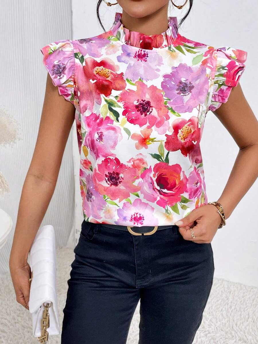 SHEIN Privé Áo sơ mi nữ Nút viền lá sen Xù Hoa Tất cả trên in Boho - Nhiều màu - Xem 1