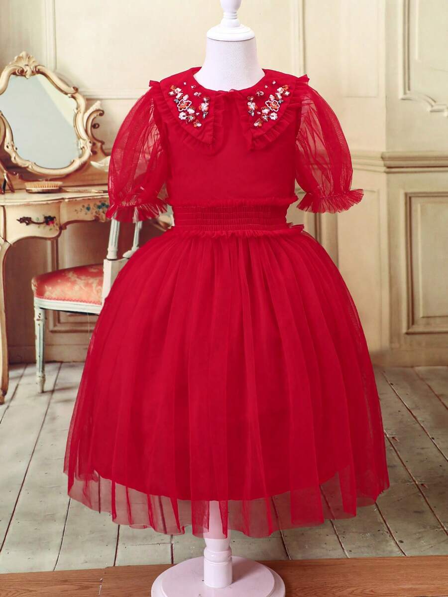 Toddler Girls Floral Embroidery Puff Sleeve Mesh Overlay Dress - Red - View 1