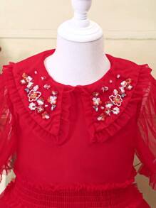 Toddler Girls Floral Embroidery Puff Sleeve Mesh Overlay Dress - Red - View 4