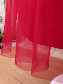 Toddler Girls Floral Embroidery Puff Sleeve Mesh Overlay Dress - Red - View 5