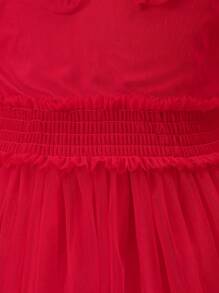 Toddler Girls Floral Embroidery Puff Sleeve Mesh Overlay Dress - Red - View 7