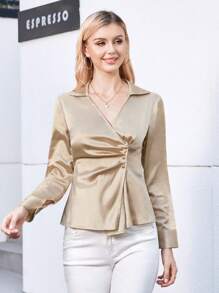 SHEIN Privé 前收褶紐扣細節襯衫 - 杏色 - 查看 4