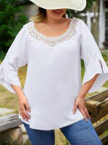 RueChic Plus Guipure Lace Insert Blouse - White - View 4