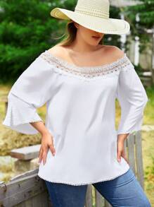 RueChic Plus Guipure Lace Insert Blouse - White - View 3