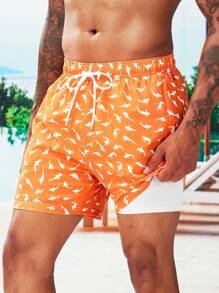 Surfspeed 男士滿版印花腰部抽繩泳褲和壓縮襯墊 - 橘色 - 查看 1