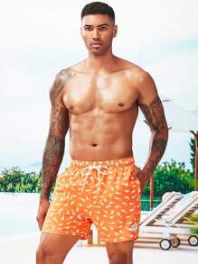 Surfspeed 男士滿版印花腰部抽繩泳褲和壓縮襯墊 - 橘色 - 查看 4