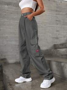 RueChic Letter Patched Flap Pocket Cargo Jeans - Dark Grey - View 3