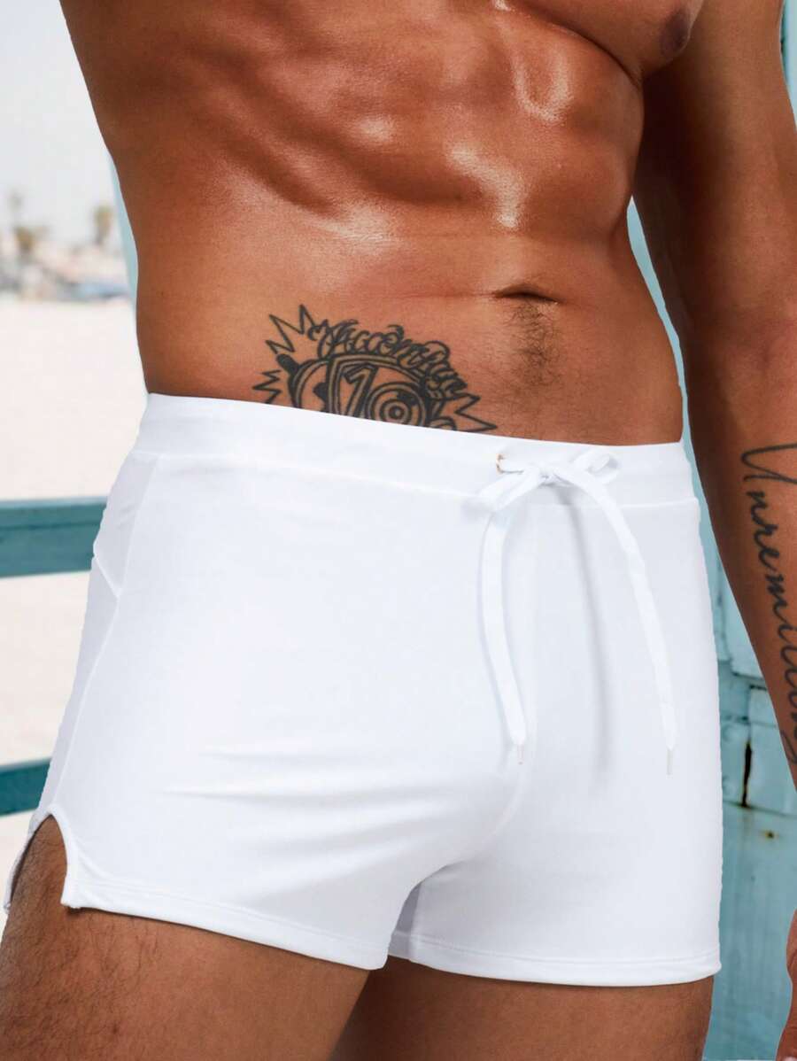 Horizaway Men Split Hem Drawstring Waist Swim Trunks
