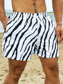 Surfspeed Men Zebra Stripe Drawstring Waist Swim Trunks,Hawaiian - Black and White - View 3