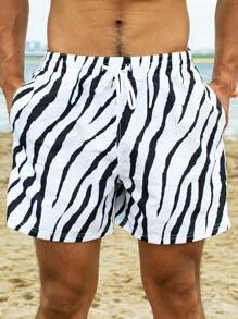 Surfspeed Men Zebra Stripe Drawstring Waist Swim Trunks,Hawaiian - Black and White - View 4