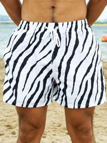 Surfspeed Men Zebra Stripe Drawstring Waist Swim Trunks,Hawaiian - Black and White - View 5