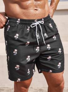 Surfspeed 男士滿版棕櫚樹印花腰部抽繩泳褲 - 黑色 - 查看 1