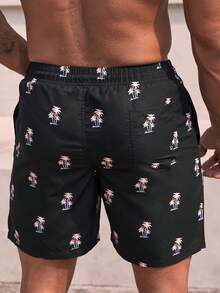 Surfspeed 男士滿版棕櫚樹印花腰部抽繩泳褲 - 黑色 - 查看 2