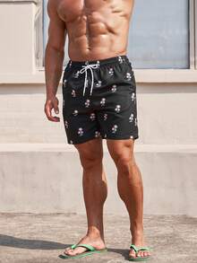 Surfspeed 男士滿版棕櫚樹印花腰部抽繩泳褲 - 黑色 - 查看 5