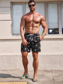 Surfspeed 男士滿版棕櫚樹印花腰部抽繩泳褲 - 黑色 - 查看 6