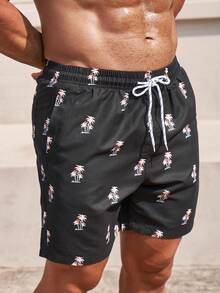 Surfspeed 男士滿版棕櫚樹印花腰部抽繩泳褲 - 黑色 - 查看 7