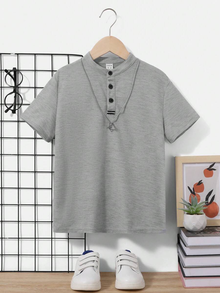 SHEIN Boys Solid Half Button Polo Shirt Without Necklace - Light Grey - View 1