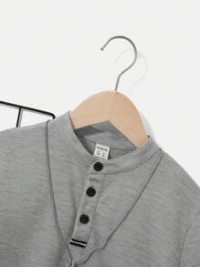 SHEIN Boys Solid Half Button Polo Shirt Without Necklace - Light Grey - View 3