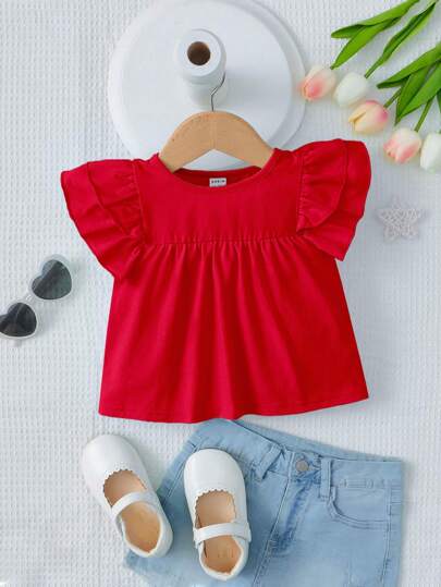 SHEIN Cute And Sweet Baby Girls' Princess Style Ruffled Sleeve T-Shirt