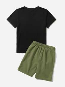 SHEIN 男孩字母貼布T恤和腰部抽繩短褲 - 軍綠色 - 查看 2